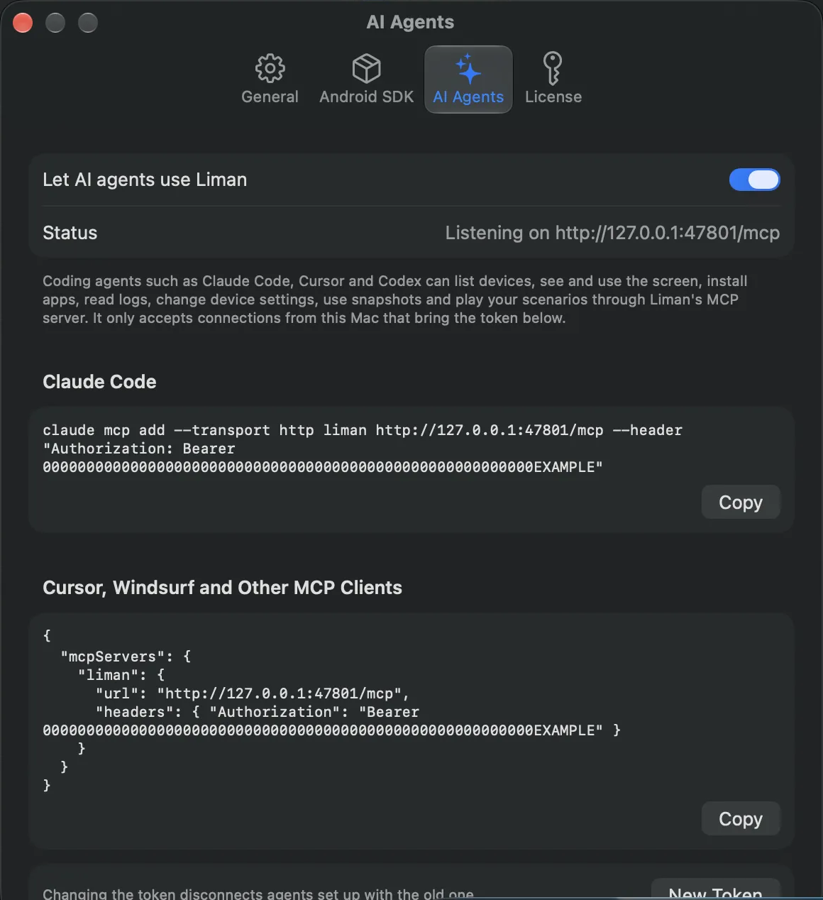 Liman's AI agent settings with the setup command for Claude Code