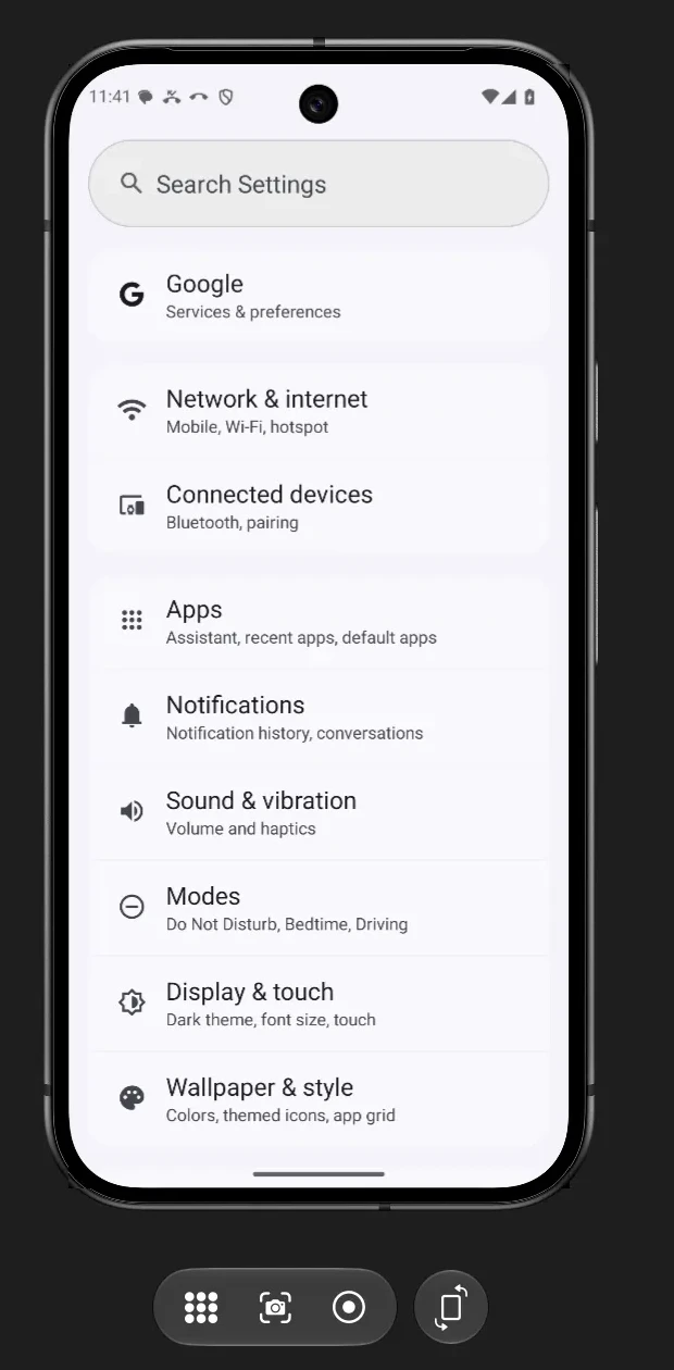 A Pixel 9 emulator showing Android Settings in Liman's device window